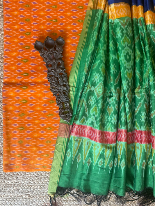 ORANGE IKKAT PURE SILK HANWOVEN KURTA WITH IKKAT PURE SILK HANDWOVEN DUPATTA