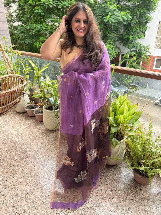 ROYAL PURPLE COPPER TISSUE LINEN JAMDANI HANDWOVEN SARI WITH ELEGANT WOVEN MOTIFS