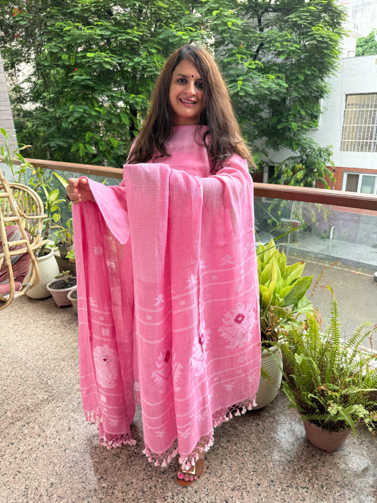 SALMON PINK PURE JAYSHREE LINEN JAMDANI HANDWOVEN KURTA SET