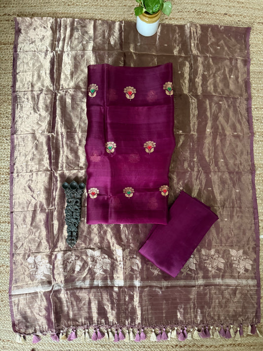 Jam Purple kora silk certified handloom banarsi kadwa booti meenakari three piece suit