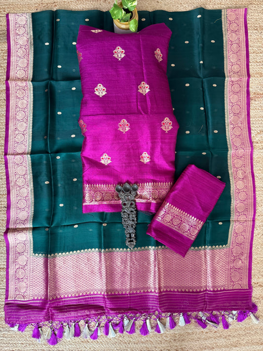 Magenta Purple raw silk certified handloom banarsi kadwa butti with woven zari three piece suit