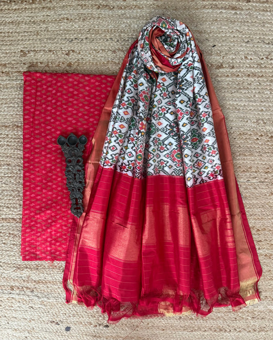 RED RAW SILK IKKAT HANWOVEN KURTA WITH IKKAT PATOLA PURE SILK HANDWOVEN DUPATTA