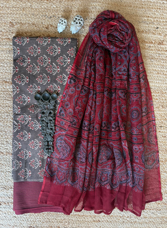 BROWN AJRAKH HANDBLOCK COTTON KURTA WITH KOTA DUPATTA THREE PIECE SUIT SET