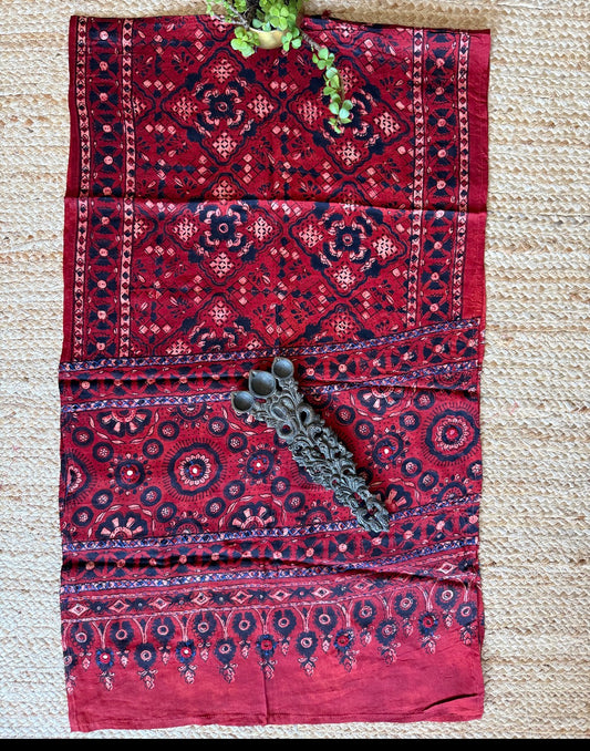 MAROON AJRAKH MODAL SILK STOLE WITH HAND EMBROIDERY MIRROR WORK