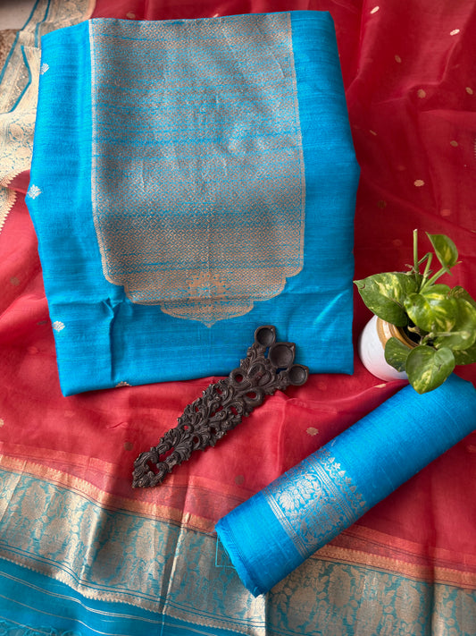 TURQUOISE BLUE RAW SILK CERTIFIED HANDLOOM BANARSI KADWA BUTTI WITH WOVEN ZARI THREE PIECE SUIT