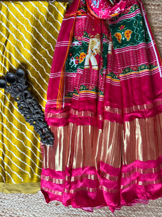 LIME GREEN LEHERIYA MASHRU SILK KURTA WITH PATOLA PICHWAI HANDCRAFTED MODALSILK DUPATTA PS-245