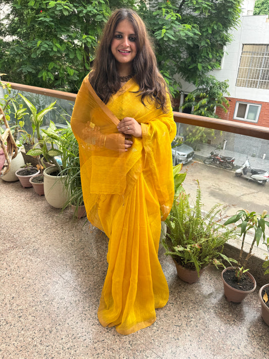 ORANGE YELLOW COPPER TISSUE LINEN JAMDANI HANDWOVEN SARI WITH ELEGANT WOVEN MOTIFS