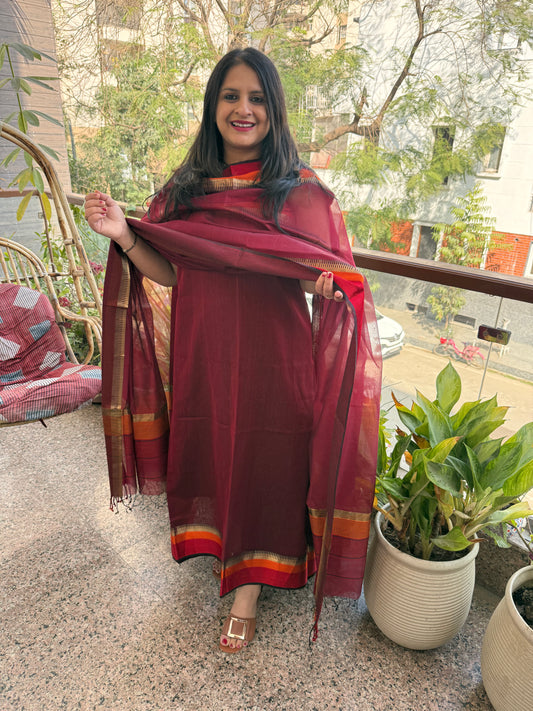 MAROON MAHESHARI BORDER SILK HANDLOOM KURTA SET