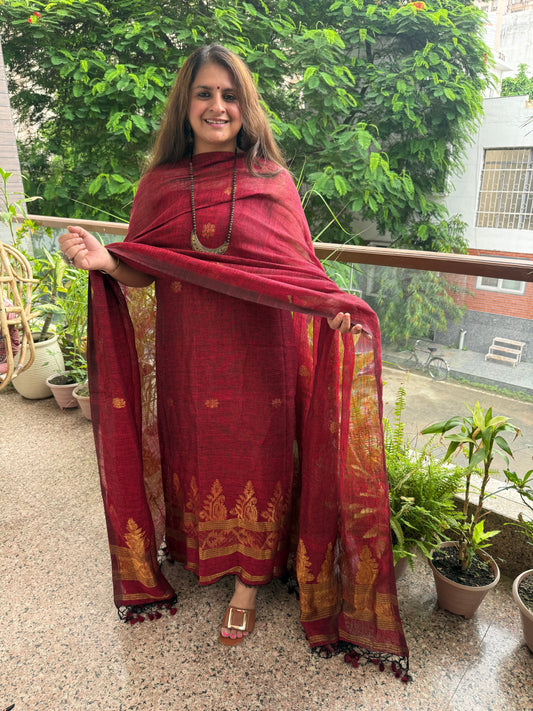 ANTIQUE MAROON LINEN ZARI JAMDANI HANDWOVEN KURTA SET
