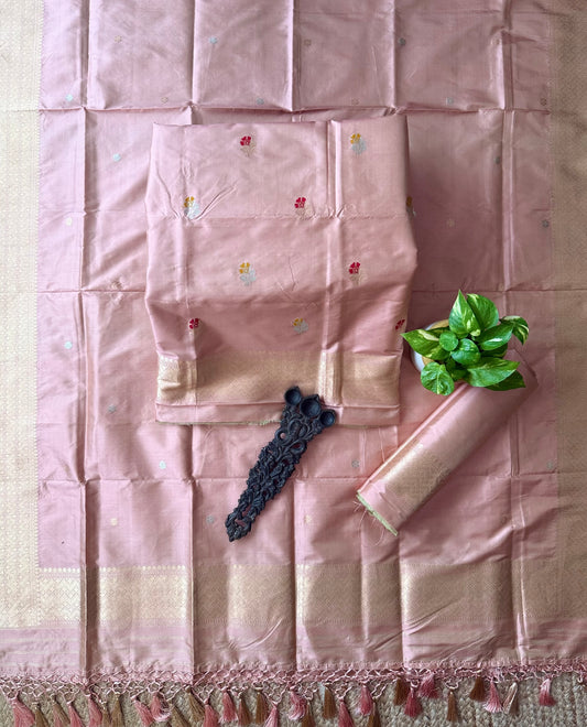 Millenial Pink Katan silk certified handloom banarsi kadwa booti three piece suit