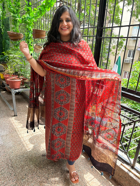 MAROON AJRAKH CONTEMPORARY CHANDERI SILK HANDBLOCK SUIT SET CBS-94