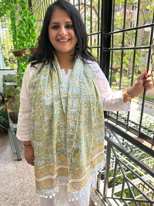 GREEN FLORAL JAAL HANDBLOCK MULL COTTON STOLE