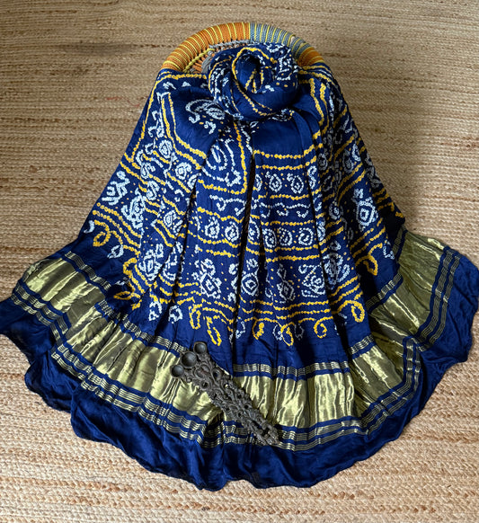 Navy Blue rai bandhani gajji silk Handcrafted Gharchola dupatta