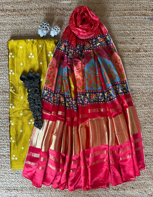 Mustard yellow three dot mashru silk kurta with patola pichwai handcrafted modalsilk dupatta