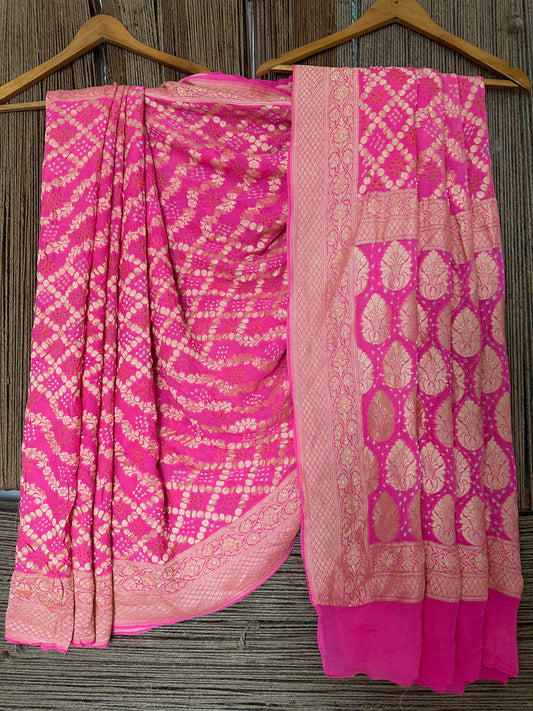Dark Pink Handwoven Neem Zari Bareek Bandhani Saree with Khaddi Georgette BS- 10