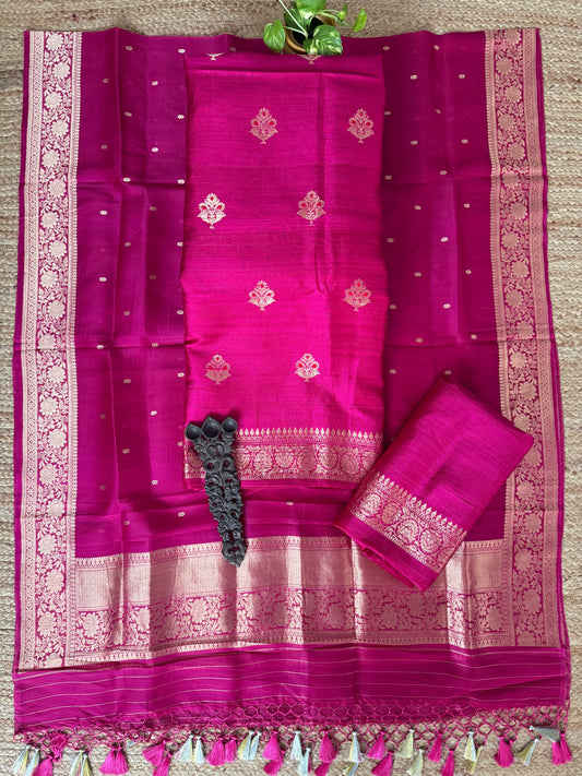 Bright pink raw silk certified handloom banarsi kadwa butti with woven zari three piece suit