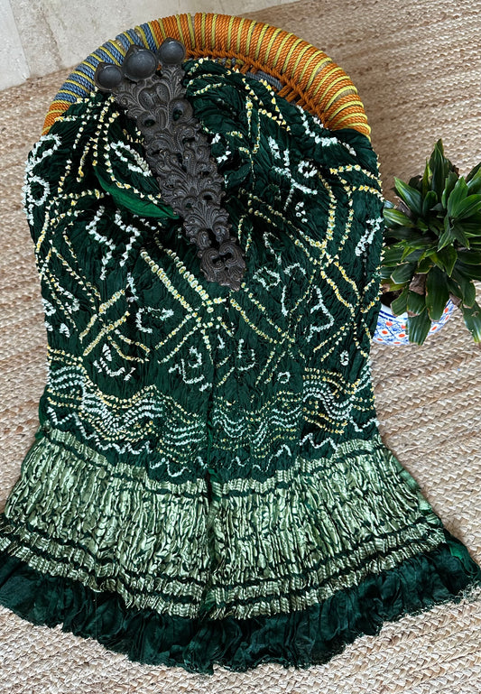GREEN SMALL BANDHANI DUPATTA IN GHARCHOLA DESIGN WITH NAKSHI BORDER