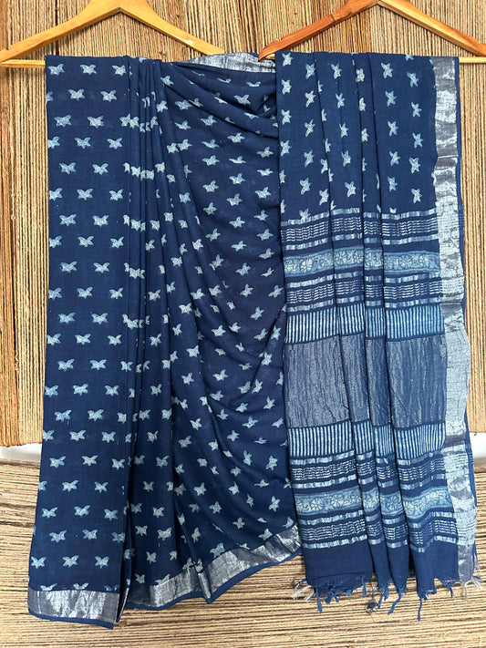 INDIGO AKOLA LINEN ZARI WOVEN HANDBLOCK SARI