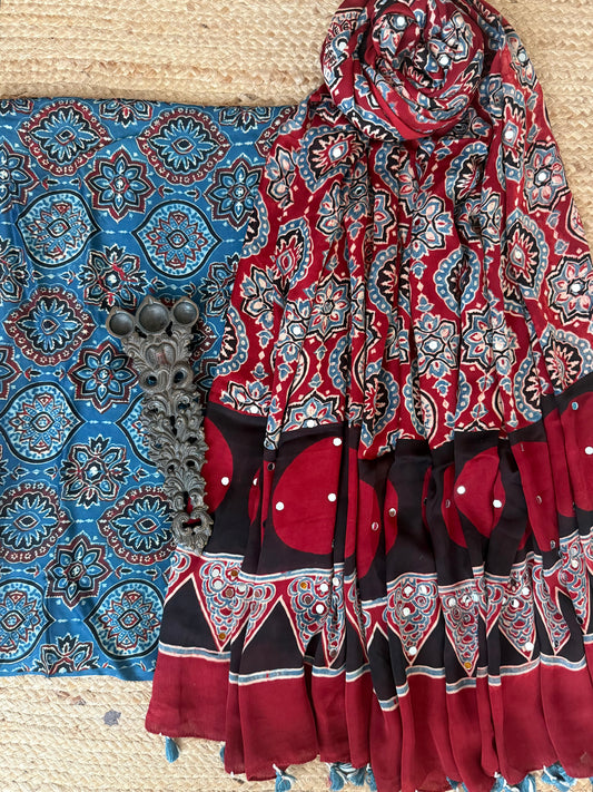 Blue Ajrakh Modal Silk Handcrafted Kurta With Maroon Ajrakh Handcrafted Mirror Work Modal Silk Dupatta