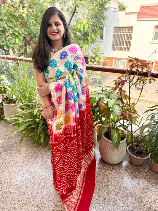 RED MULTI COLOUR GAJJI SILK GHARCHOLA RAI BANDHANI GAJJI SARI BS- 2016