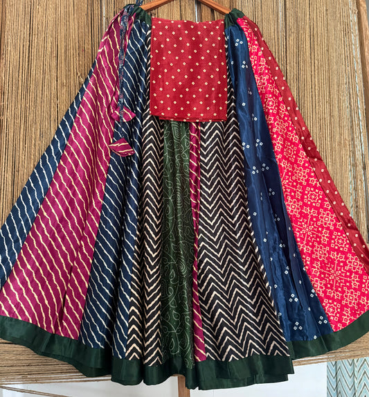 Maroon mashru silk blouse-with Multicolour patchwork handcrafted mashru silk Skirt
