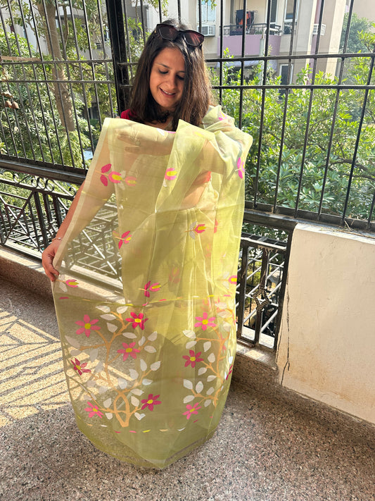 TEA GREEN JAMDANI HANDWOVEN PURE MUSLIN SILK SARI MJS-14