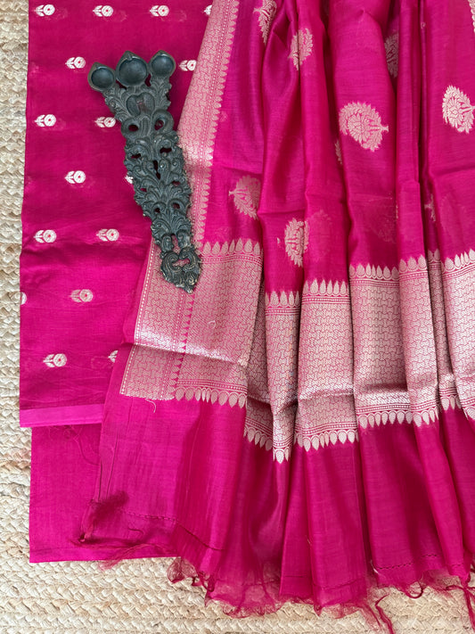 Pink chanderi handloom banarsi booti three piece suit