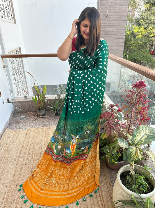 Bottle green modal silk bandhani sari with pichwai print
