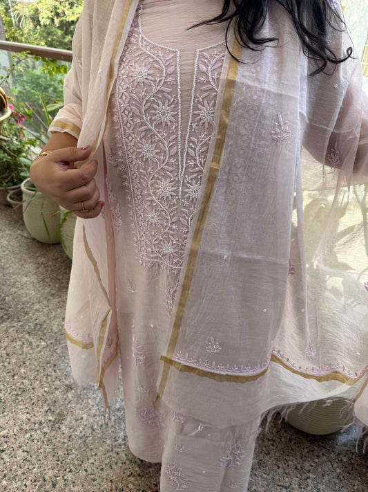 Cherry blossoms pink premium mull chanderi lucknowi chickenkari with moti work hand embroidery three piece suit