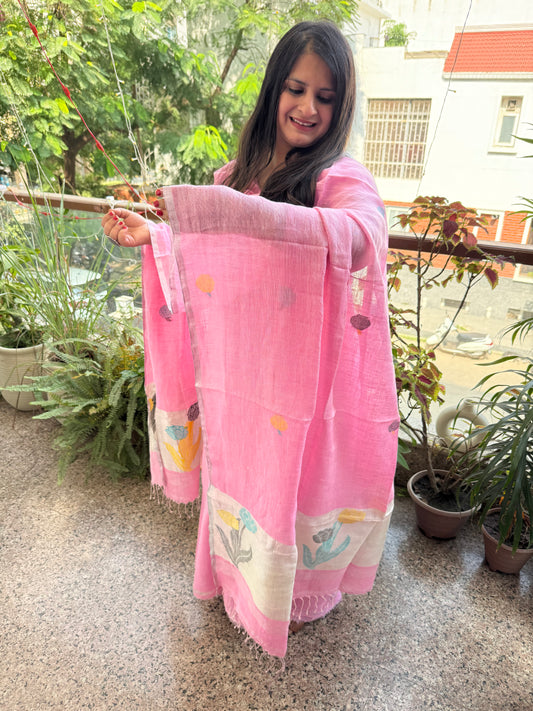 FLAMINGO PINK WOVEN LINEN  KURTA SET LJS- 202