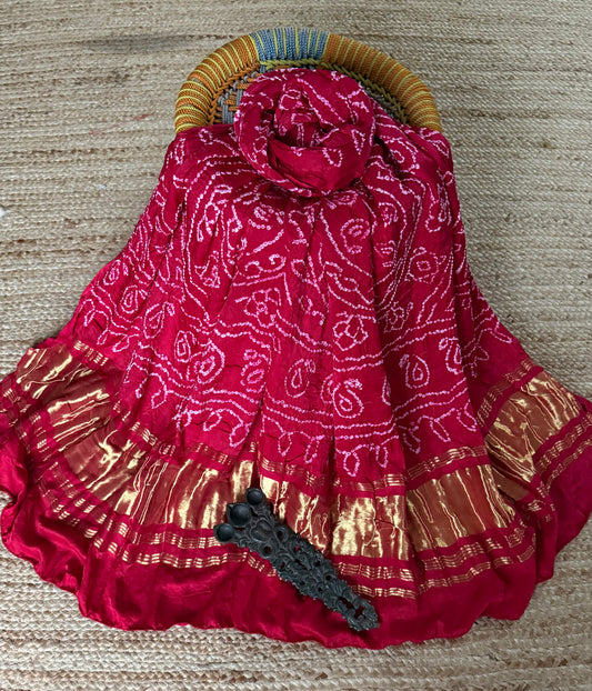 Hibiscus Red rai bandhani gajji silk Handcrafted Gharchola dupatta