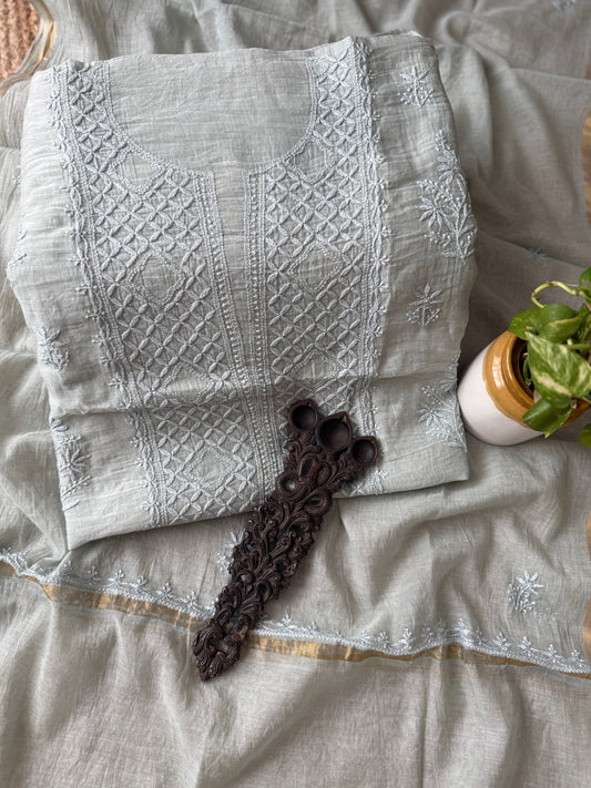 CLAY PREMIUM MULL CHANDERI LUCKNOWI CHICKENKARI HAND EMBROIDERY THREE PIECE SUIT