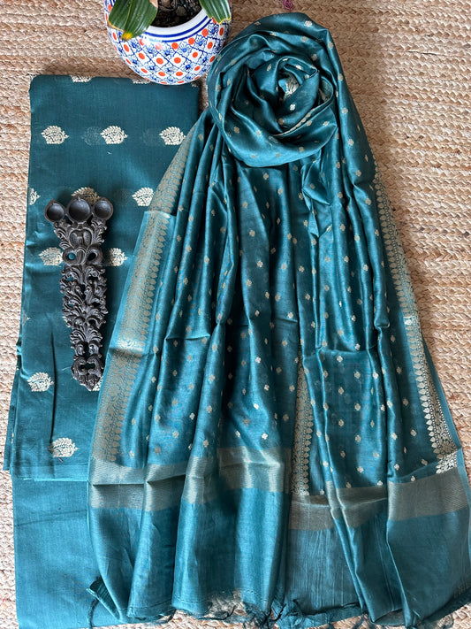 Turquoise Blue Chanderi handloom Banarsi Booti three piece suit