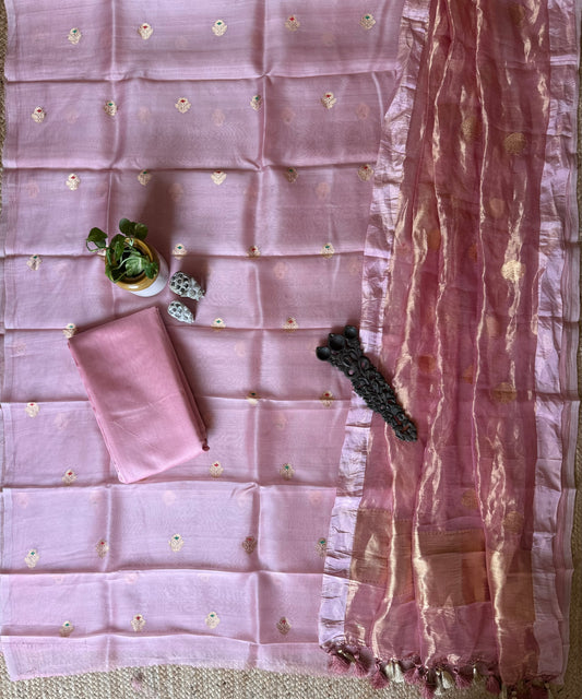 Blush Pink Kora Silk Certified Handloom Banarsi Kadwa Booti Three Piece Suit