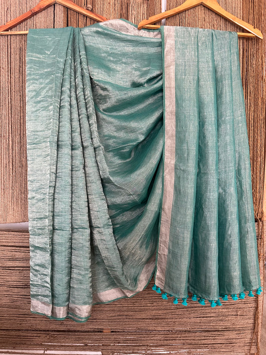 CYAN BLUE SILVER METALLIC LINEN SARI WITH WOVEN BORDER ML-17