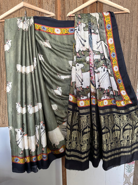 MEHENDI GREEN BLACK MODAL SILK PICHWAI SARI WITH ZARI BORDER PMS-10139