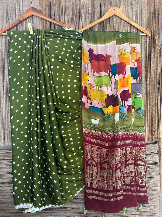 Mehendi green modal silk bandhani sari with pichwai print bps 29