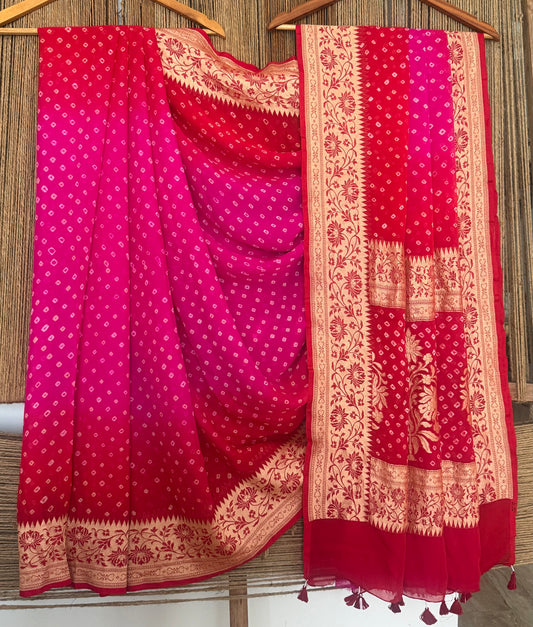 Hot pink to deep red handwoven neem zari bareek bandhani saree with khaddi georgette