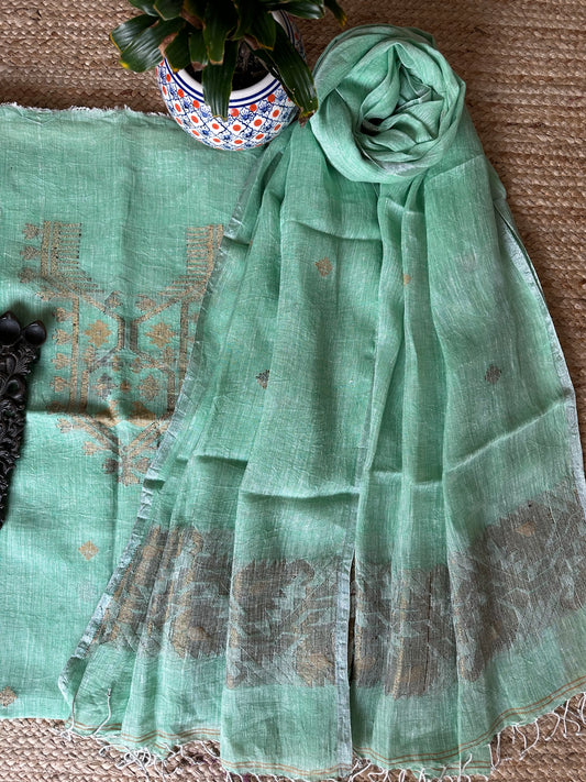 LIGHT GREEN WOVEN LINEN KURTA SET LJS- 1017