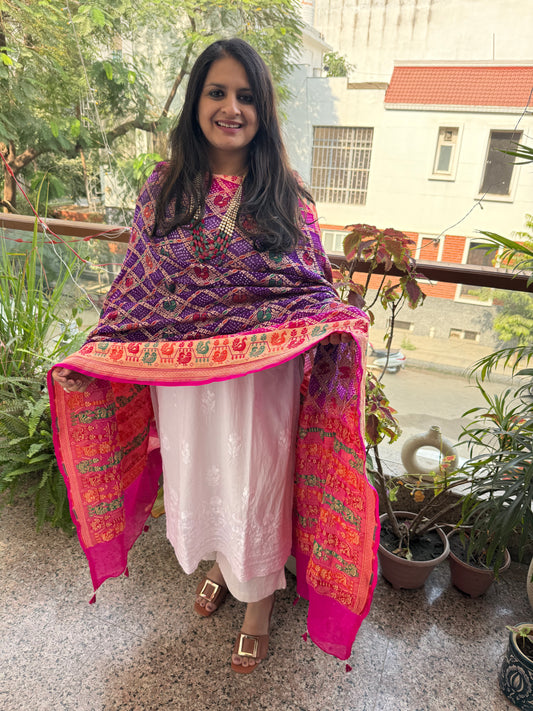 pink & purple ombré shade Handwoven Bareek Bandhani in Meenakari Jaal Premium Georgette dupatta