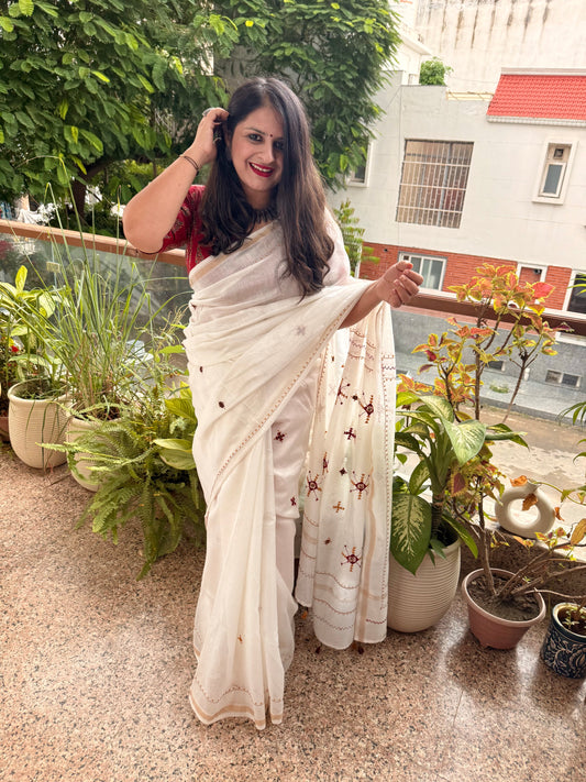 IVORY CREAM HANDCRAFTED HAND EMBROIDERY MIRROR WORK CHANDERI COTTON SILK HANDLOOM SARI