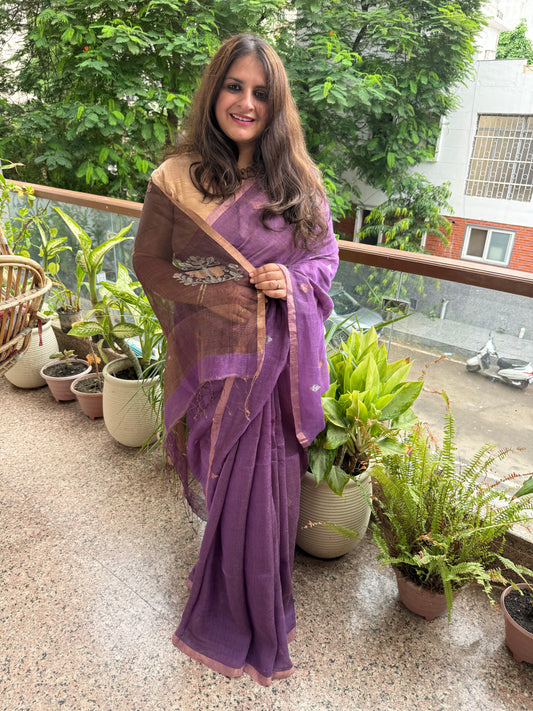 ROYAL PURPLE COPPER TISSUE LINEN JAMDANI HANDWOVEN SARI WITH ELEGANT WOVEN MOTIFS