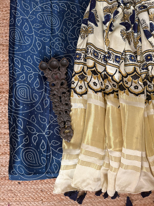 Blue Mashru Silk Kurta With Beige Ajrakh Handcrafted Modal Silk Dupatta