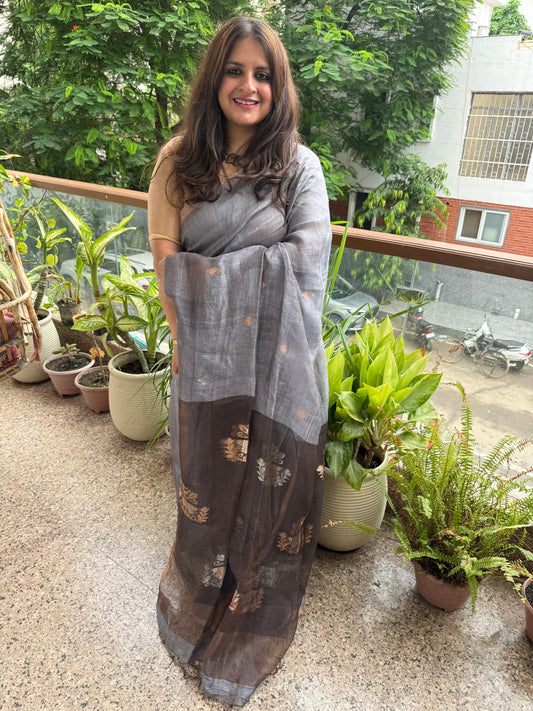 METAL GREY COPPER TISSUE LINEN JAMDANI HANDWOVEN SARI WITH ELEGANT WOVEN MOTIFS
