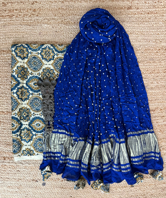Beige ajrakh mashru silk kurta with bandhani handcrafted modal silk dupatta