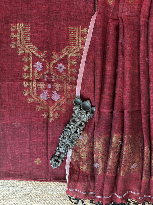DEEP MAROON WOVEN LINEN KURTA SET LJS-1037