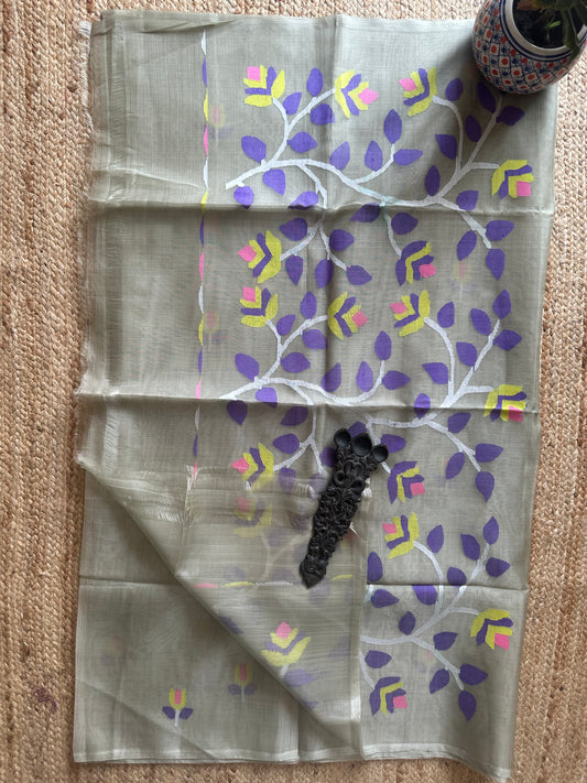 GREY JAMDANI HANDWOVEN PURE MUSLIN SILK SARI MJS 45
