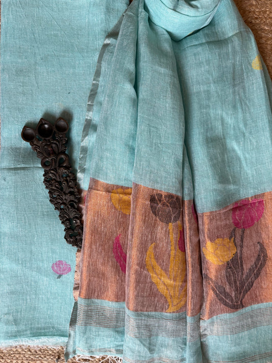 ARCTIC BLUE WOVEN LINEN  KURTA SET LJS- 207