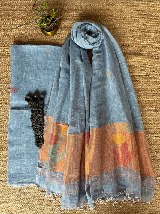 SAPPHIRE BLUE COPPER WOVEN LINEN  KURTA SET LJS- 2010