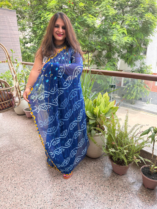 Sapphire Blue Bandhani handcrafted chiffon sari